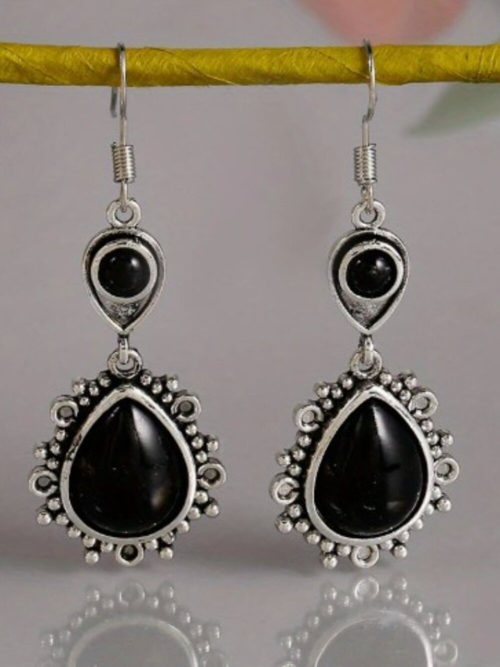 Vintage-inspired Tribal Black Stone Hollow Drop Dangle Earrings Geometric